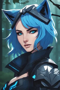 Young woman with vivid powder blue hair and wolf ears, vivid blue eyes. futuristic black and royal blue armor, smirking, fangs, woodland background, RWBY animation style