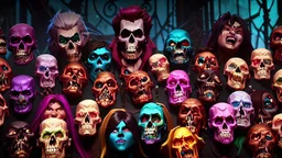 a picture of a dark, comedic, anatomically correct wall of colorful tightly packed skulls of varying sizes and expressions, photo realistic, insanely meticulous, highly detailed, part of a collection of bones on display, 64k, dystopian, vray