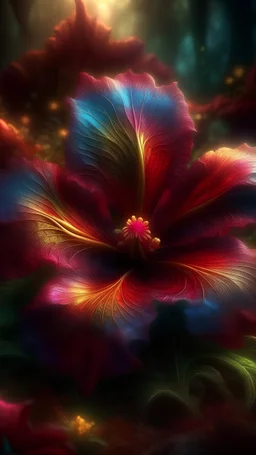 epic a full-size photo of a bright multicolor Hibiscus with innumerable petals, front illumination only, forest background, magic wake, fantasy illustration, sparks, glitter, grainy, noise, fractal crack effect, cinematic, deep depth of field, 3D, 16k resolution photorealistic, a masterpiece, breathtaking intricate details, reflective catchlights, high quality, abstract vector fractal, wave function, Zentangle, 3d shading