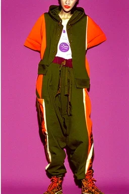 year 1999 women fashion, Techno, rave, Loose, baggy, low waist Combat pants, t-shirt, new kind of hoodie with tippet! Colors: all denim colors, purple, khaki, light green, lilac, plum, orange, terracotta, red, pink, dark blue, beige. Patterns: lynx, balls, stripes. lynx belt. starling or owl prints. Women models. Sharon Stone, Sandra Bullock, Winona Ryder, Milla Jovovich, Big tennis shoes on. Latex, denim and leather e.g. in Leg warmers.