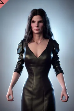 Young Sandra Bullock as evil queen in black leather gown, angry, busty, curvey, cleavage, unreal 5, octane render,cinema4d, dynamic lighting, dramatic lighting, 4k, redshift render, highly detailed, hyper realistic