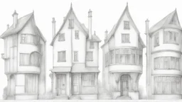 A technical front view pencil drawing of a row of neglected tall, narrow fantasy houses of different heights.