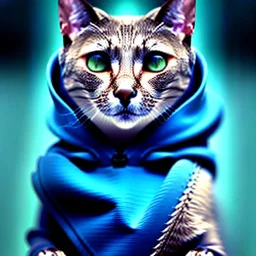 sad cat wearing a blue hoodie, studioportrait, dramatic lighting