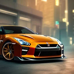 Nissan GT-R, red, orange, yellow, green, blue, purple, masterpiece, expert, 8K, hyperrealism, sharp focus, cinematic lighting, cyberpunk, cityscape