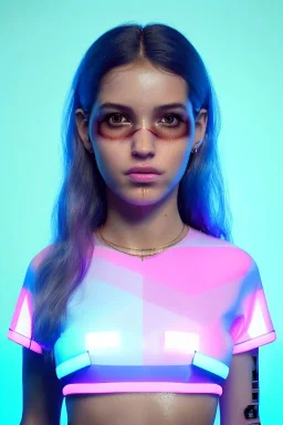 Ultra Realistic image, Rosalía artist, 30 years old, portrait, normal complexion, natural small busty, traditional little tattoo, two bows, little chopsticks hair ,black eye long liner, latex t-shirt, inflatable open coat, gold pink and blue style, spray line glow make up, geometric led jewelry, fog, hot, inflatable style latex coat, vibrant color, highly detailed, art stations, concept art, smooth, unreal engine 5, god rays, ray tracing, RTX, lumen lighting, ultra detail, volumetric lighting.