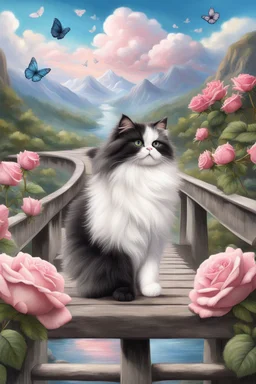 in the center: 7 beautiful fat fluffy black and white persian cats with green eyes sitting on a bridge, under the brigde flows a small blue river; background: landscape with dramatic mountains and white clouds, butterflys flying in the sky; first plan: pink roses;