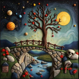 Photograph hasselblad h6d400c --ar 85:128 --v 6.0 of a fairy old bewitched bridge, tree, made of felt, art, 3d deep field, Joan Miró, wide angle landscape scene, galaxies and planets, creepy, Max Ernst, needlepoint, abstract silhoutte, expressionist style, colorful