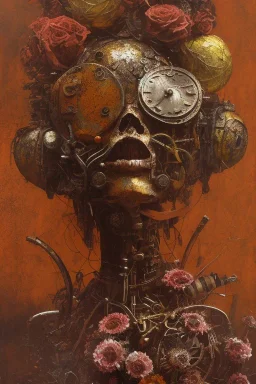 an abstract painting of rusted metal and flowers, african, rust, scaffolding, iron cladding, decay, mixed media, textured, anatomically correct, beautiful perfect face, sharp focus, highly detailed