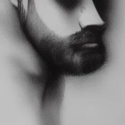 moody charcoal side profile portrait of a bearded man, smudged charcoal, side on profile, charcoal portrait, artistic black and white profile portrait, delicate, highly detailed, chiaroscuro, beautiful composition, delicate arrangement, aesthetic, soft lighting, tender