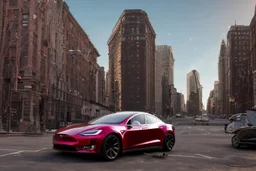 A Tesla 'Model Y' is parked, near the Flatiron Building in Manhattan. (CINEMATIC, WIDE ANGLE LENS, PHOTO REAL)