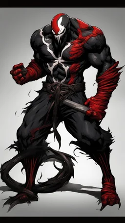 Venom symbiote with kratos Beard and red tattoos and Clothes, holding blade of choice