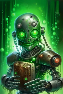 book cover illustration, spotty oil painting portrait of metallic green faced slightly cute smirking robot vampire holding small earth in chain, bokeh , high detail, smooth render, prize winning