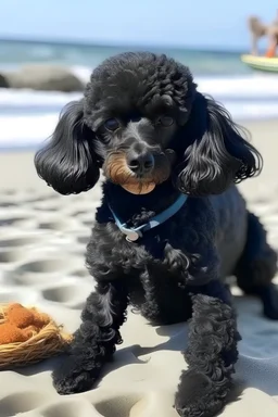 caniche negro chiquita hembra con fonde en la playa