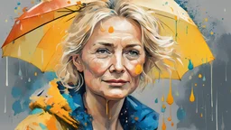 portrait of a Woman 50 years old, blonde, fine drawing, rain, wind, umbrella, Autumn, paint blots, splashes, tears, plants, yellow, blue, green, orange colors, bright