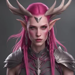 Wood Elf warrior female, long fuchsia colored hair with small braids woven in and delicate curved antlers and pale clear eyes a scar on her face, armor is dark fuchsia and grey powerful and graceful, best quality, masterpiece, in flat desgin art style
