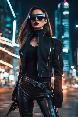 Full body,Half-cyborg beautiful female cyberpunk assassin wearing google sunglasses, black jacket,long hair,walk on night city background