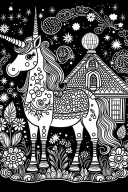 outline art for cute unicorne coloring pages , house, black background, sketch style, full body, only use outline, clean line art