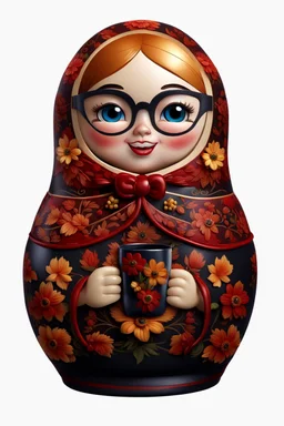 draw a Russian matryoshka doll in the style of Khokhloma, the matryoshka is smiling, the matryoshka has a cup in her hands, a frontal angle, a picture on a white background, the matryoshka is drawn entirely, a highly detailed 3d picture