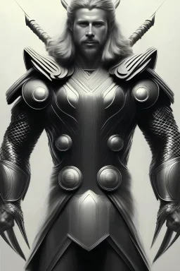 Thor, armour, intricate details, full body portrait, keep head in frame, slight smile, black Japanese motif, concept art, highly detailed, digital painting, concept art, sharp focus, illustration, art by Yoji Shinkawa, WLOP and greg rutkowski and alphonse mucha and artgerm and yanjun Chen and Junji ito and Makoto Shinkai, HDR, octane render