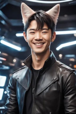 Smiling Male Half-Asian actor with cat ears in a leather jacket, on a spaceship deck