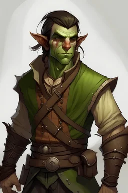 half orc twenty one year old male wearing rogue clothing, mischievous