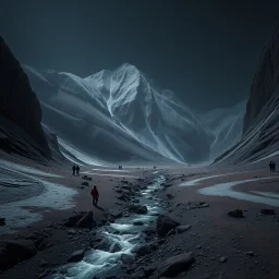 Photograph, a dark mass of terrain, giant museum space, powder, brook, dramatic colors, persons, geological formation, architecture, minimalist, details of the terrain very accentuated, 8k, deep 3d field, sharp, brutalist, hasselblad h6d400c --ar 85:128 --v 6.0