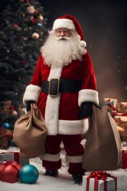 a santa claus standing with a bag of toys photo like real 8k resolution