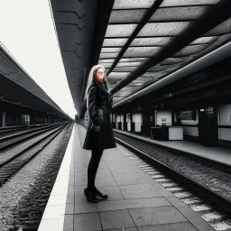 A young German woman with long hair and a black trench coat longingly waiting for her lover at a train station in Munich