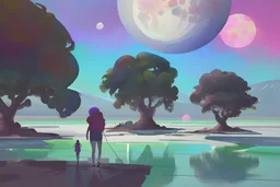 illustration concept art water color style for teenagers in other planet watching the moon and mountains having adventure two teenagers are walking mystery weird cretures trees exiting