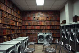 elaborate library on a wall full of leather-bound books in a public laundromat, metal chairs, striking, juxtapositional, fantastical