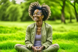 "A person smiles and feels contentment and serenity while practicing meditation in nature. They may be sitting on the grass or by a tranquil lake, placing their hands on their knees, and blissfully closing their eyes."