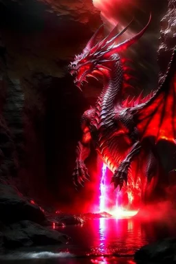 Gargantuan Red dragon with glowing red eyes in dark waterfall