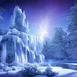  white and or crystal castle，waterfall, winter snow flakessnow, northern Lights, full of details, smooth, bright sunshine，soft light atmosphere, light effect，vaporwave colorful, concept art, smooth, extremely sharp detail, finely tuned detail, ultra high definition, 4 k, unreal engine 5, ultra sharp focus