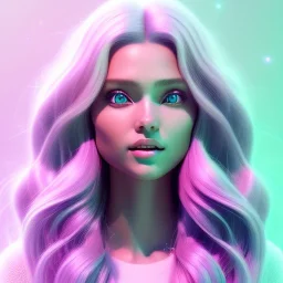 A portrait of a crystalised beautifull girl,smiling, laughting, white longs hairs, atmospheric, realistic,, cinematic lighting, octane render,, pink turquoise light, blue eyes nice, soft face, jewejs brillants