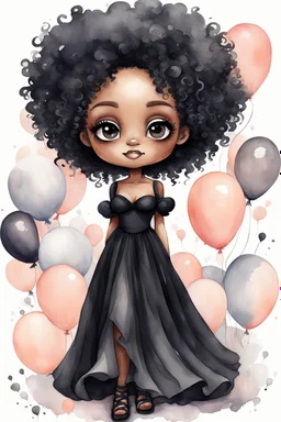 A watercolor fairytale style of a chibi cartoon wearing a black maxi dress and black sandals. Prominent make up with hazel eyes. Highly detailed tight curl afro. Background of white, peach, and gray ballons everywhere.