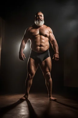 full body human figure shot photography from the ground of a burly ugly chubby 38 year old turkish boxer with big broken nose, silver beard, muscular beefy man shirtless, manly chest, big shoulders, photorealistic , side light, in a dark room, view from the ground