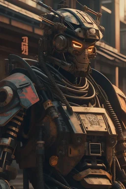 Close image of Anime depiction of a cybernetic samurai in a post-apocalyptic setting, focusing on the intricacies of the armor and weaponry, 8k realistic