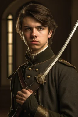 european brown hair young adult royal guard swordsman with rapier dieselpunk