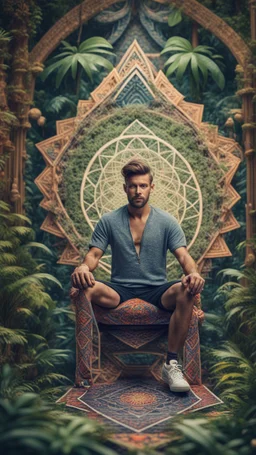 mandala style framed playing card illustration, close up portrait of a man with feets for hands posing for photo shoot on a throne, in a space alien mega structure with stairs and bridges woven into a sacred geometry knitted tapestry in the middle of lush magic jungle, bokeh like f/0.8, tilt-shift lens 8k, high detail, smooth render, down-light, unreal engine, prize winning