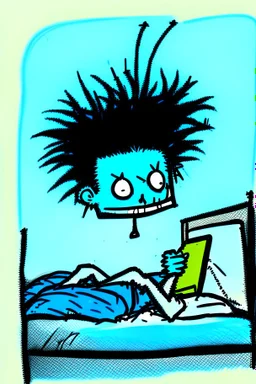 2d drawing of a stickman, laying in bed, cool with punk hair, just woke up, sitting up in bed, with cellphone in hand, excited, smiling ,3d realistic in colour