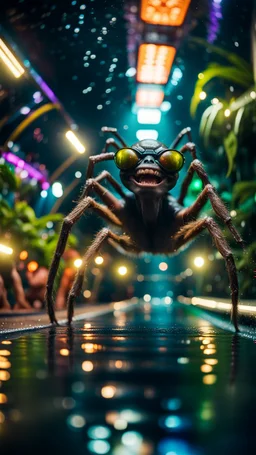 selfie by pimp rocker alien spider gremlin diving in water slide in the middle of crazy dance moves dancing on buss parked in dark lit reflective wet jungle hall tunnel,bokeh like f/0.8, tilt-shift lens 8k, high detail, smooth render, down-light, unreal engine, prize winning