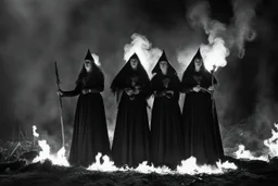 [very impressive high res masterpiece in Kodak Eastman 5247, scene by László Krasznahorkai] Three Witches from Macbeth surrounded by flames with a pentagram around them