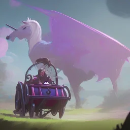 Little Boy hiding in magical carriage led by unicorns Nick Harris style