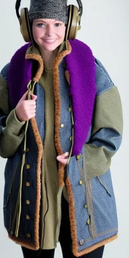 Image shows wholly a Brunette. average body type. Mantle is sewed of recycled Denim and sewed together of camouflage pieces. Camouflage colors are orange,terracotta, cream and purple. Cream latex gaiter. Big bright purple/khaki felt tippet and cream or blue or lilac colored-hood. mantle is merged with satchel. . AKG-style headphones (gold rings!) is merged with small felt cap with small visor. Style: Haute Couture in 1936, Paris fashion in 2023, inspired by street art.