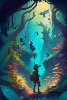 Design a captivating scene featuring Pelter exploring a mystical forest, surrounded by vibrant vegetation and curious creatures. Show his connection with nature and the magical elements of his abilities.