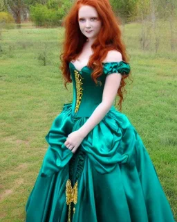 Magic princess with long auburn hair green eyes wearing a big teal green and gold satin ballgown corset off shoulder top casting magic