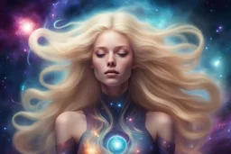 space goddess, long blond hair, cosmic nebula