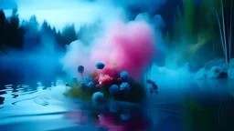 surreal and dreamlike, a trapped journalist celebrate the demise of a florist on a lake, cold blue neon color scheme, scandinavian vibe, diffused pale light, saturated, pastel, dreamy atmosphere, liquid psychedelic