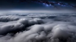 looking down from space at the mist and clouds and storm, surrounded by the mist at night starry sky. majority of the image is space