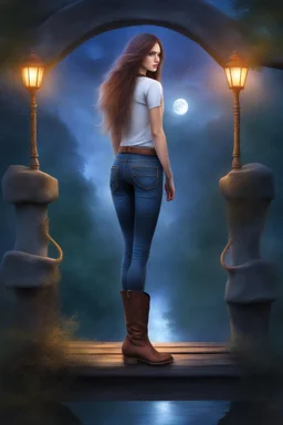 Creëer een mooie realistische Fantasie art, mooie vrouw, staat op een brug in een jeans broek, korte laarzen,long hair,, soft lighting, vibrant colors, ethereal, dreamlike, nature-inspired, romantic, whimsical, fantasy art, peaceful, enchanting, surreal, atmospheric, natural elements, moonlight filtering